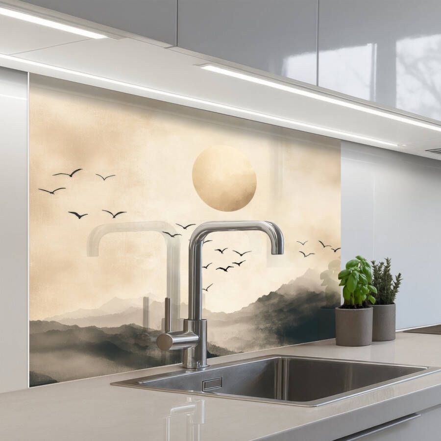 KitchenYeah Keuken achterwand 100x80 cm Spatscherm zelfklevend Landschap Japandi vogel Muurbeschermer Spatwand fornuis