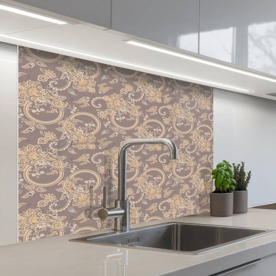 KitchenYeah Keuken achterwand 100x80 cm Spatscherm zelfklevend Oosters Bloemen Beige Grijs Muurbeschermer Spatwand fornuis