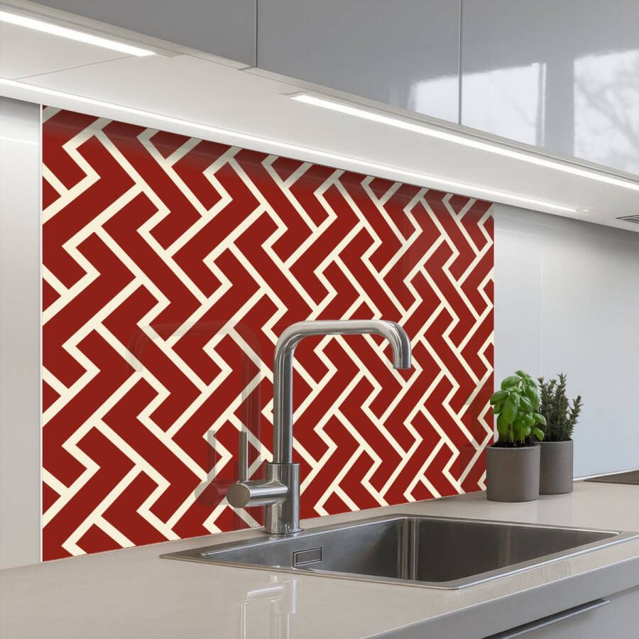 KitchenYeah Keuken achterwand 100x80 cm Spatscherm zelfklevend Rood Beige Patroon Lijnen Muurbeschermer Spatwand fornuis
