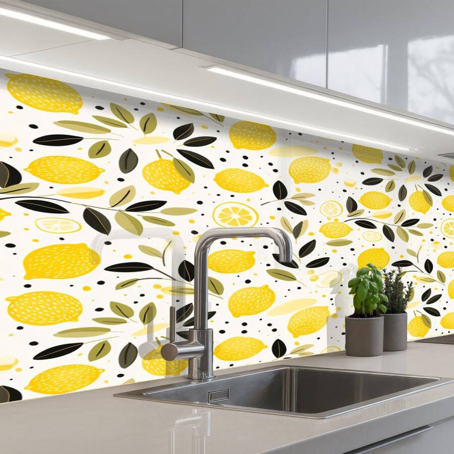 KitchenYeah Keuken achterwand 150x60 cm Spatscherm zelfklevend Citroenen Geel Wit Stippen Muurbeschermer Spatwand fornuis