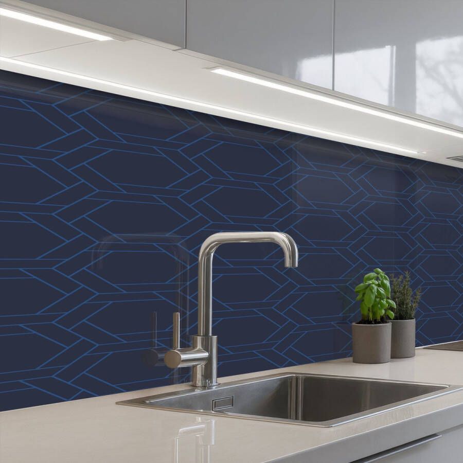 KitchenYeah Keuken achterwand 150x60 cm Spatscherm zelfklevend Hexagon Patroon Blauw Muurbeschermer Spatwand fornuis