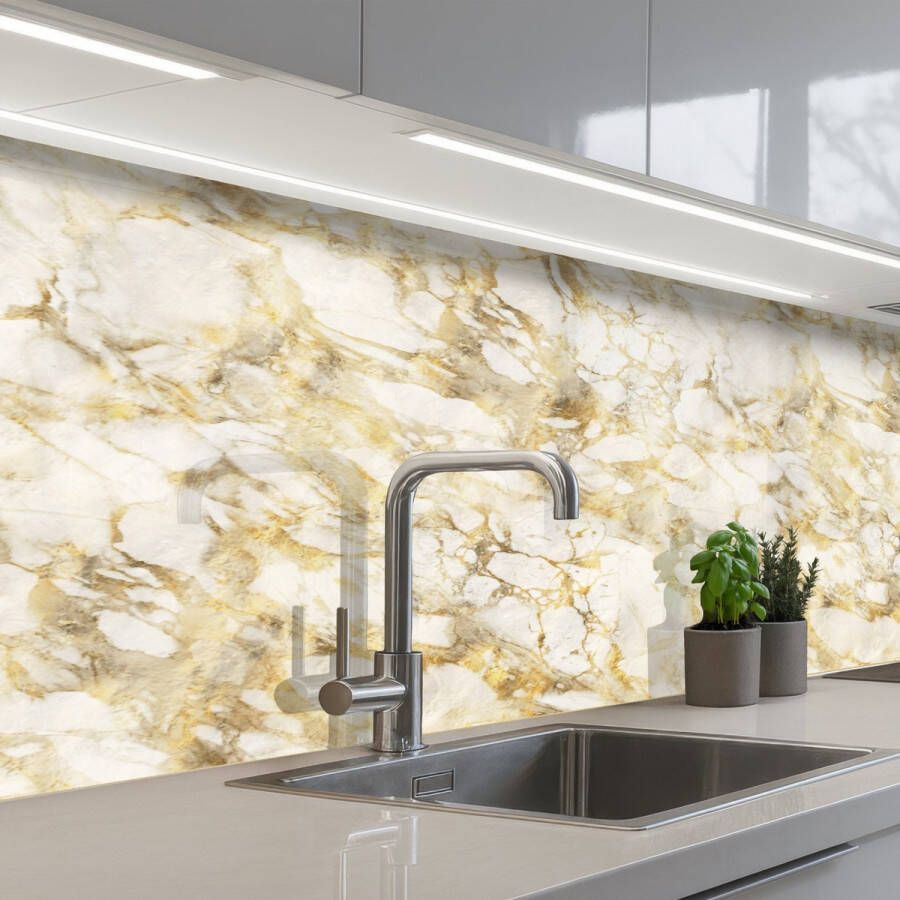 KitchenYeah Keuken achterwand 150x60 cm Spatscherm zelfklevend Warm Gouden Marmer print Patroon Muurbeschermer Spatwand fornuis