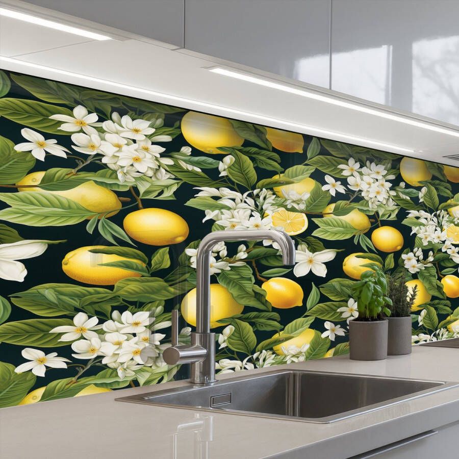 KitchenYeah Keuken achterwand 150x80 cm Spatscherm zelfklevend Hangende Citroenen Witte Bloemetjes Muurbeschermer Spatwand fornuis