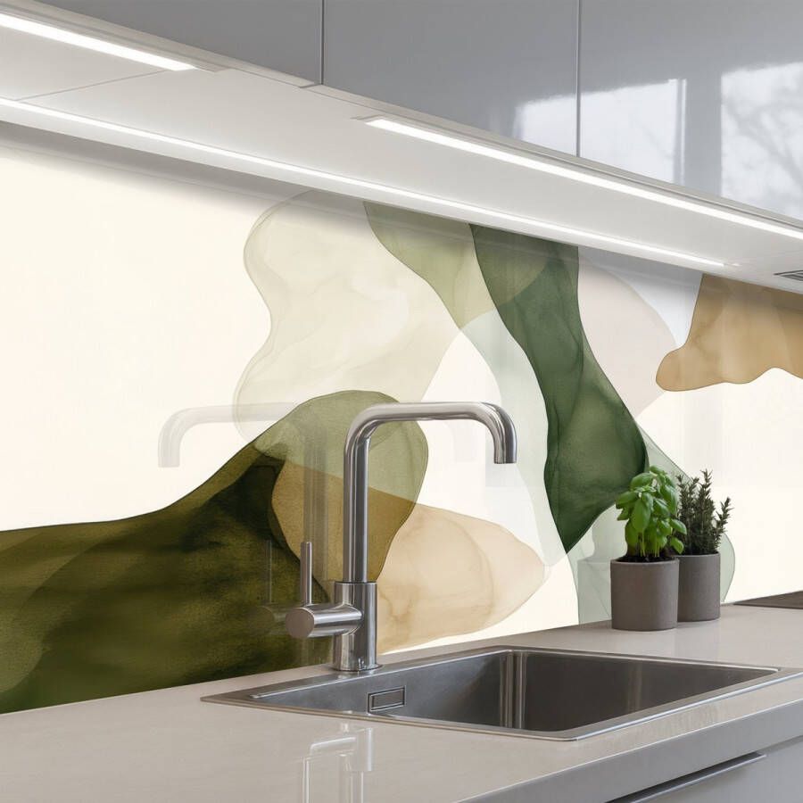 KitchenYeah Keuken achterwand 150x80 cm Spatscherm zelfklevend Japandi Abstract Groen Muurbeschermer Spatwand fornuis