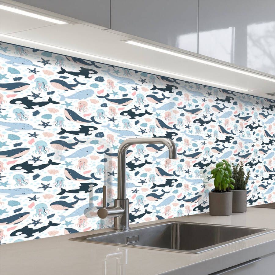 KitchenYeah Keuken achterwand 150x80 cm Spatscherm zelfklevend Klein Oceaan Walvissen Octopus Muurbeschermer Spatwand fornuis