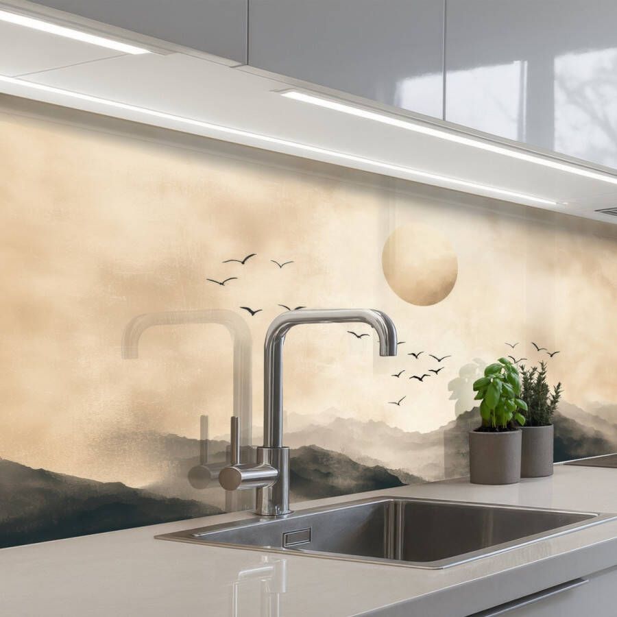 KitchenYeah Keuken achterwand 150x80 cm Spatscherm zelfklevend Landschap Japandi vogel Muurbeschermer Spatwand fornuis