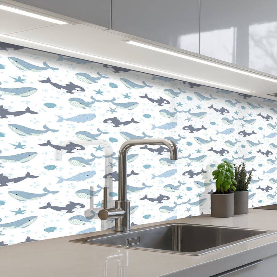 KitchenYeah Keuken achterwand 150x80 cm Spatscherm zelfklevend Oceaan Walvis Orka Blauw Muurbeschermer Spatwand fornuis