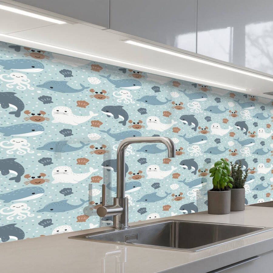 KitchenYeah Keuken achterwand 150x80 cm Spatscherm zelfklevend Oceaan Walvis Zeehond Krab Muurbeschermer Spatwand fornuis
