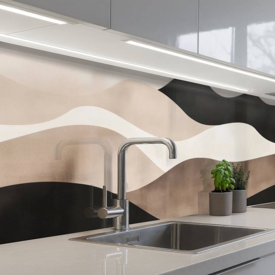 KitchenYeah Keuken achterwand 200x60 cm Spatscherm zelfklevend Abstract Landschap Golven Crèmekleur Muurbeschermer Spatwand fornuis