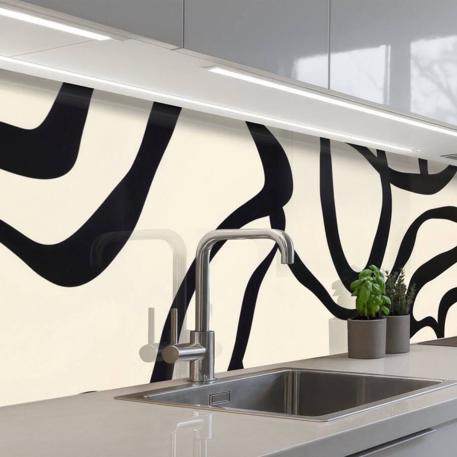 KitchenYeah Keuken achterwand 200x60 cm Spatscherm zelfklevend Abstract Lijnen Modern Beige Muurbeschermer Spatwand fornuis