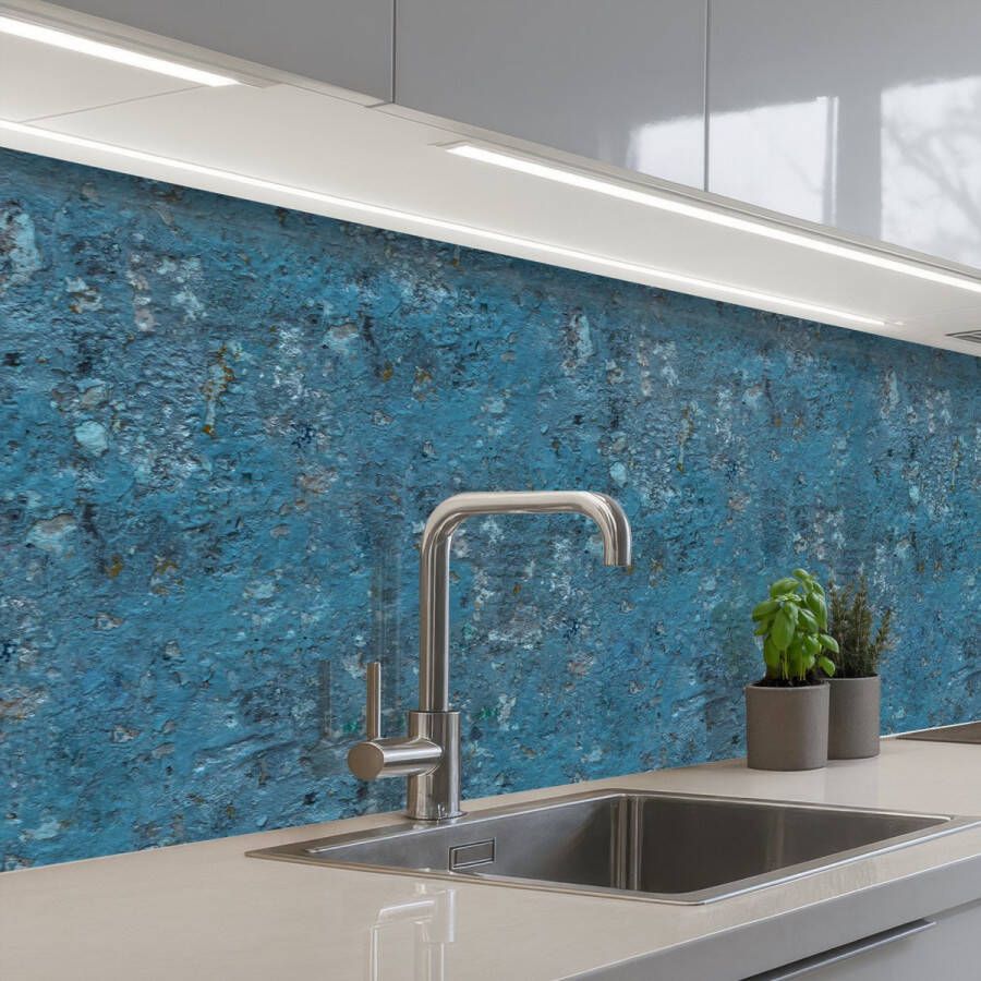 KitchenYeah Keuken achterwand 200x60 cm Spatscherm zelfklevend Blauw Muur Barsten Scheuren Muurbeschermer Spatwand fornuis