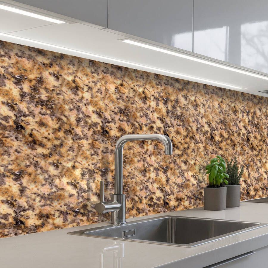 KitchenYeah Keuken achterwand 200x60 cm Spatscherm zelfklevend Bruin Roze Graniet print Muurbeschermer Spatwand fornuis