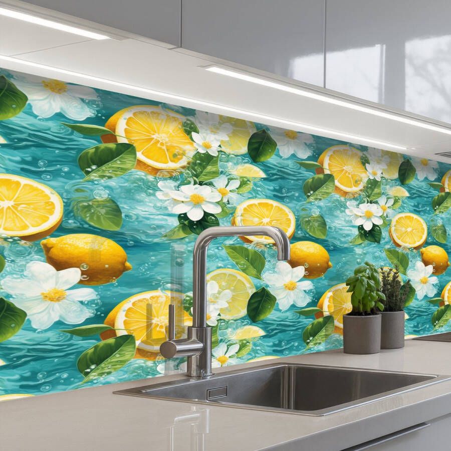 KitchenYeah Keuken achterwand 200x60 cm Spatscherm zelfklevend Citroen Bloemen Bruisend Water Muurbeschermer Spatwand fornuis