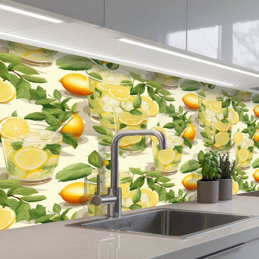 KitchenYeah Keuken achterwand 200x60 cm Spatscherm zelfklevend Citroen Drankje Glas Munt Muurbeschermer Spatwand fornuis