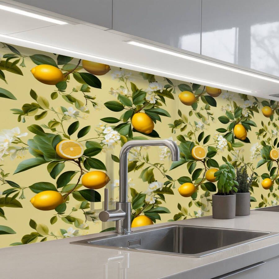 KitchenYeah Keuken achterwand 200x60 cm Spatscherm zelfklevend Citroen Groen Bloesem Muurbeschermer Spatwand fornuis