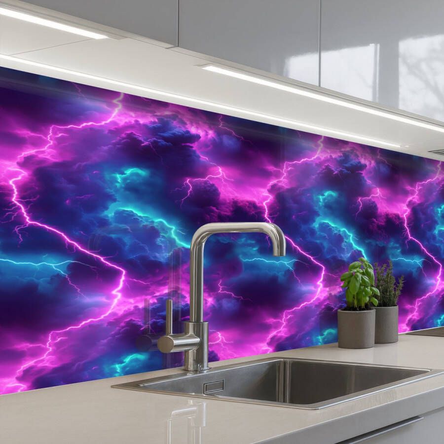 KitchenYeah Keuken achterwand 200x60 cm Spatscherm zelfklevend Elektrisch Neon Lucht Muurbeschermer Spatwand fornuis