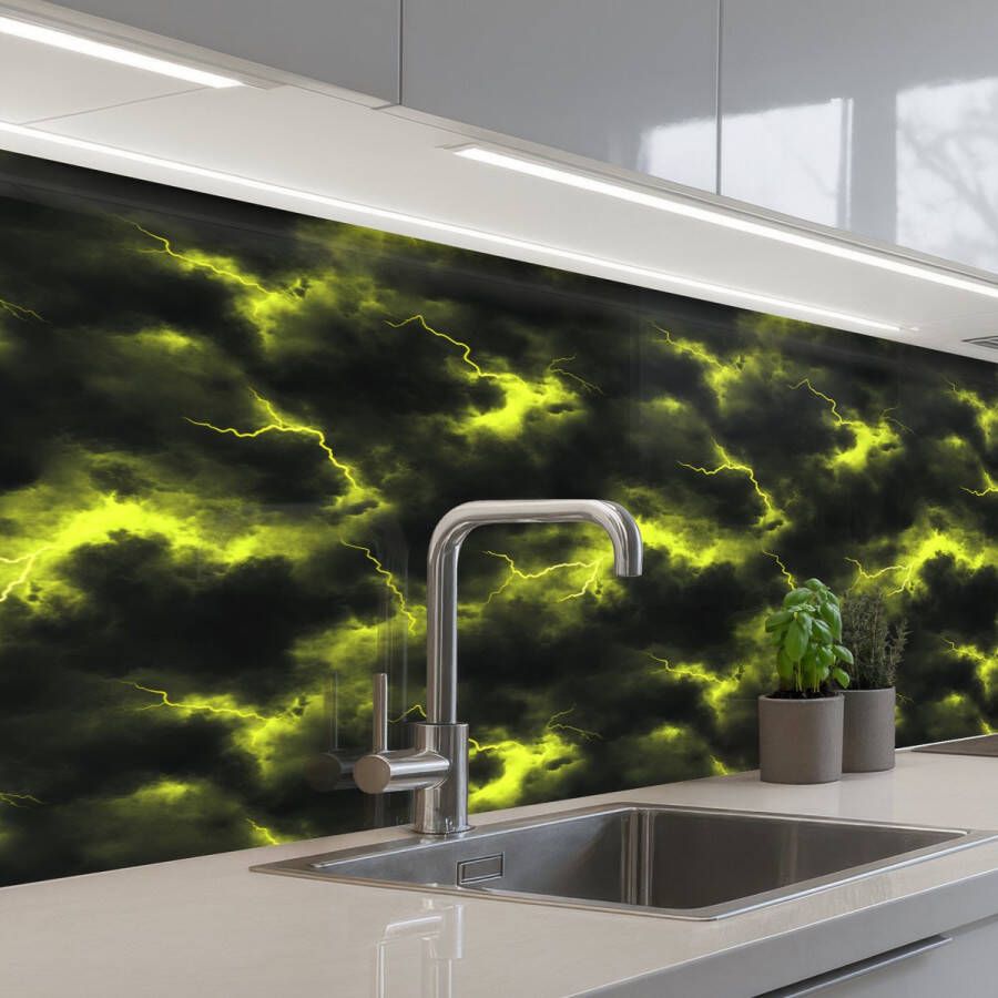 KitchenYeah Keuken achterwand 200x60 cm Spatscherm zelfklevend Geel Storm Wolken Muurbeschermer Spatwand fornuis