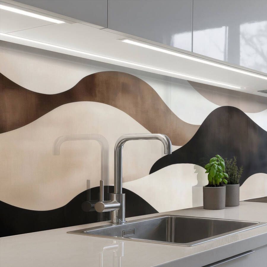 KitchenYeah Keuken achterwand 200x60 cm Spatscherm zelfklevend Golven Abstract Beige Muurbeschermer Spatwand fornuis