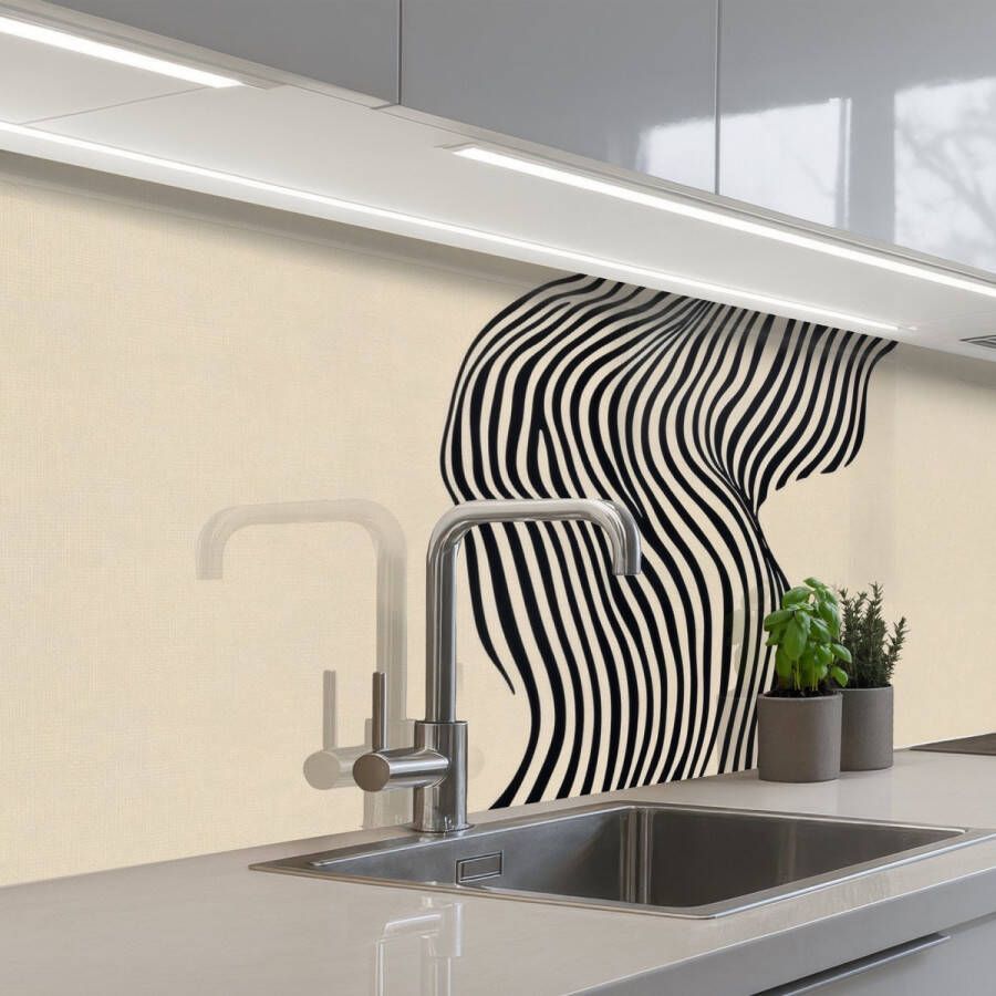 KitchenYeah Keuken achterwand 200x60 cm Spatscherm zelfklevend Golvend Lijnen Abstract Silhouet Muurbeschermer Spatwand fornuis