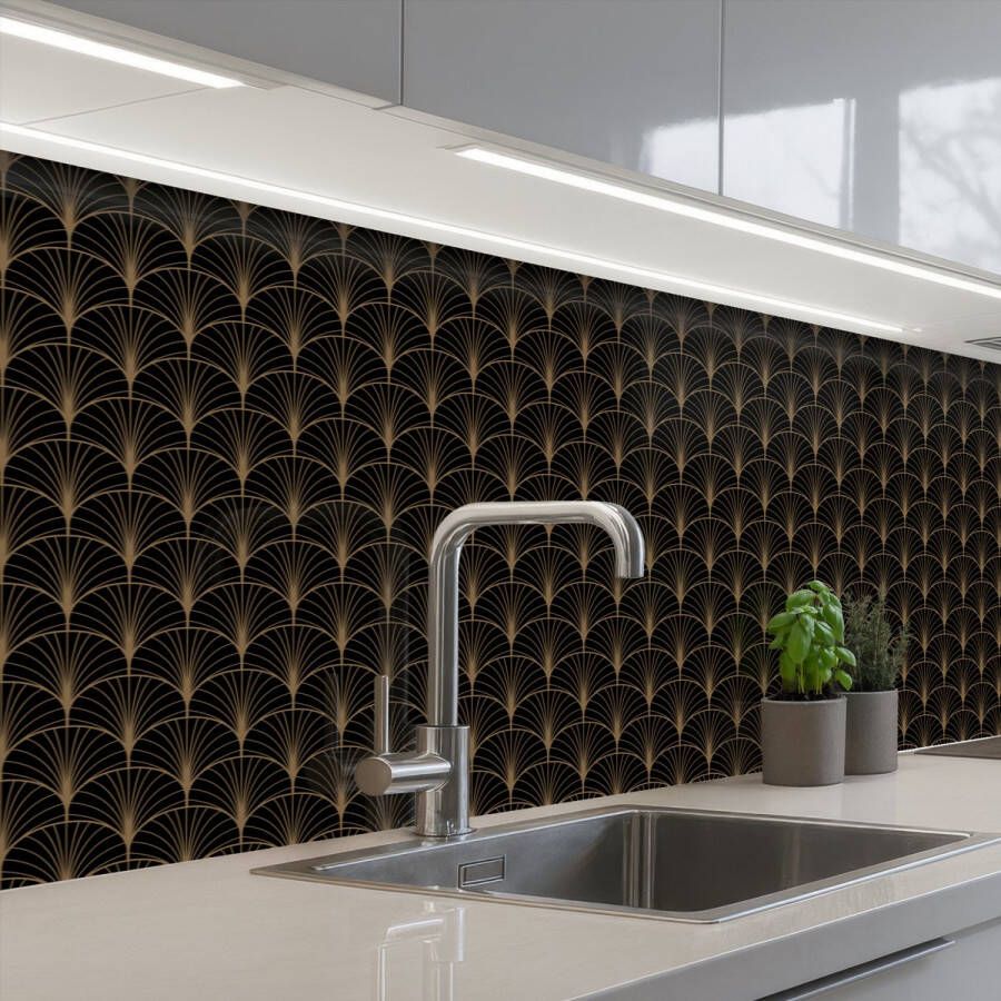 KitchenYeah Keuken achterwand 200x60 cm Spatscherm zelfklevend Gouden Waaiers Zwart Muurbeschermer Spatwand fornuis