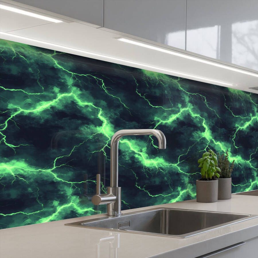KitchenYeah Keuken achterwand 200x60 cm Spatscherm zelfklevend Groen Bliksem Storm Muurbeschermer Spatwand fornuis