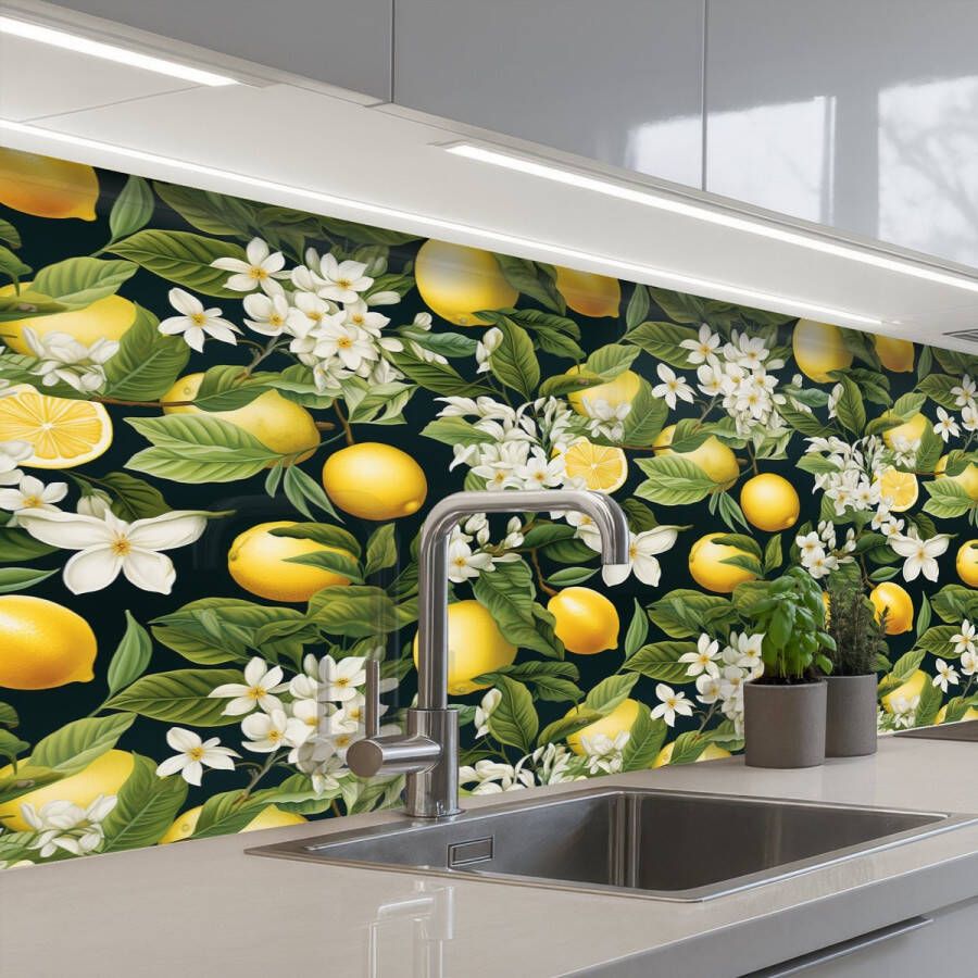 KitchenYeah Keuken achterwand 200x60 cm Spatscherm zelfklevend Hangende Citroenen Witte Bloemetjes Muurbeschermer Spatwand fornuis - Foto 2