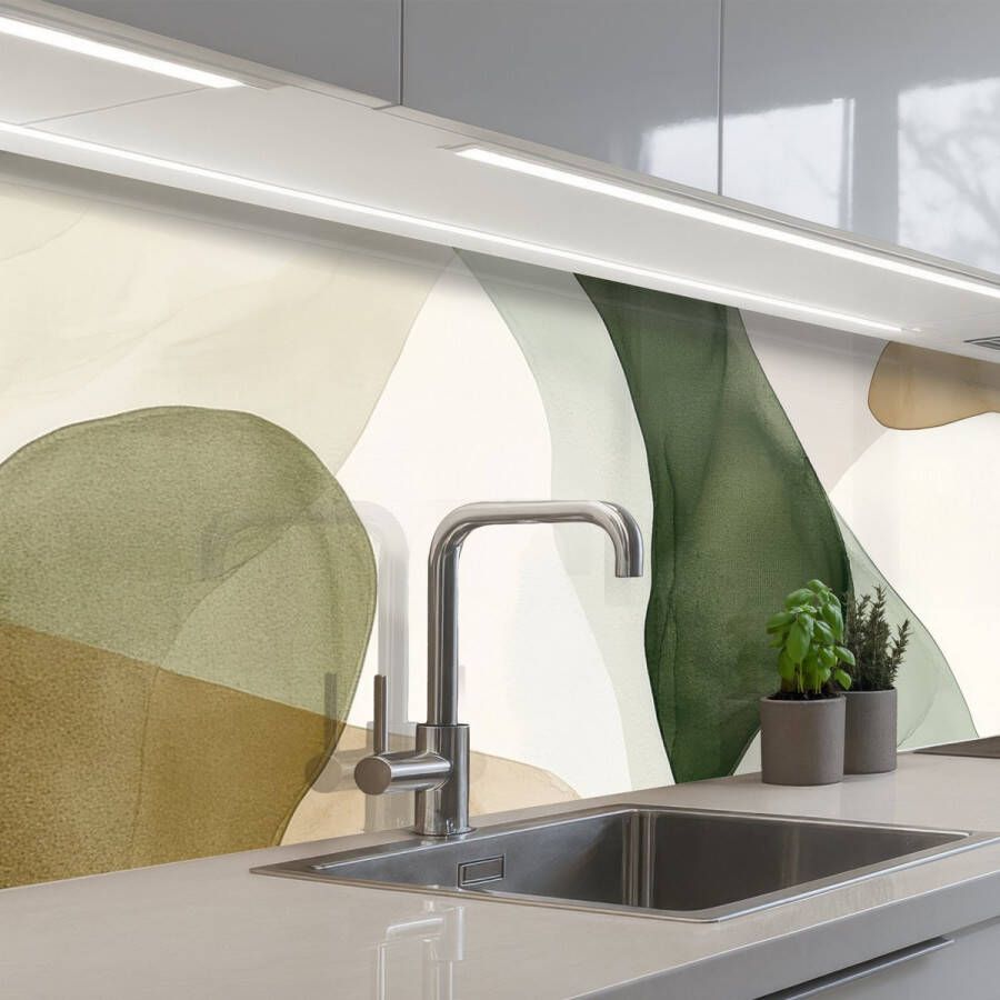 KitchenYeah Keuken achterwand 200x60 cm Spatscherm zelfklevend Japandi Abstract Groen Muurbeschermer Spatwand fornuis