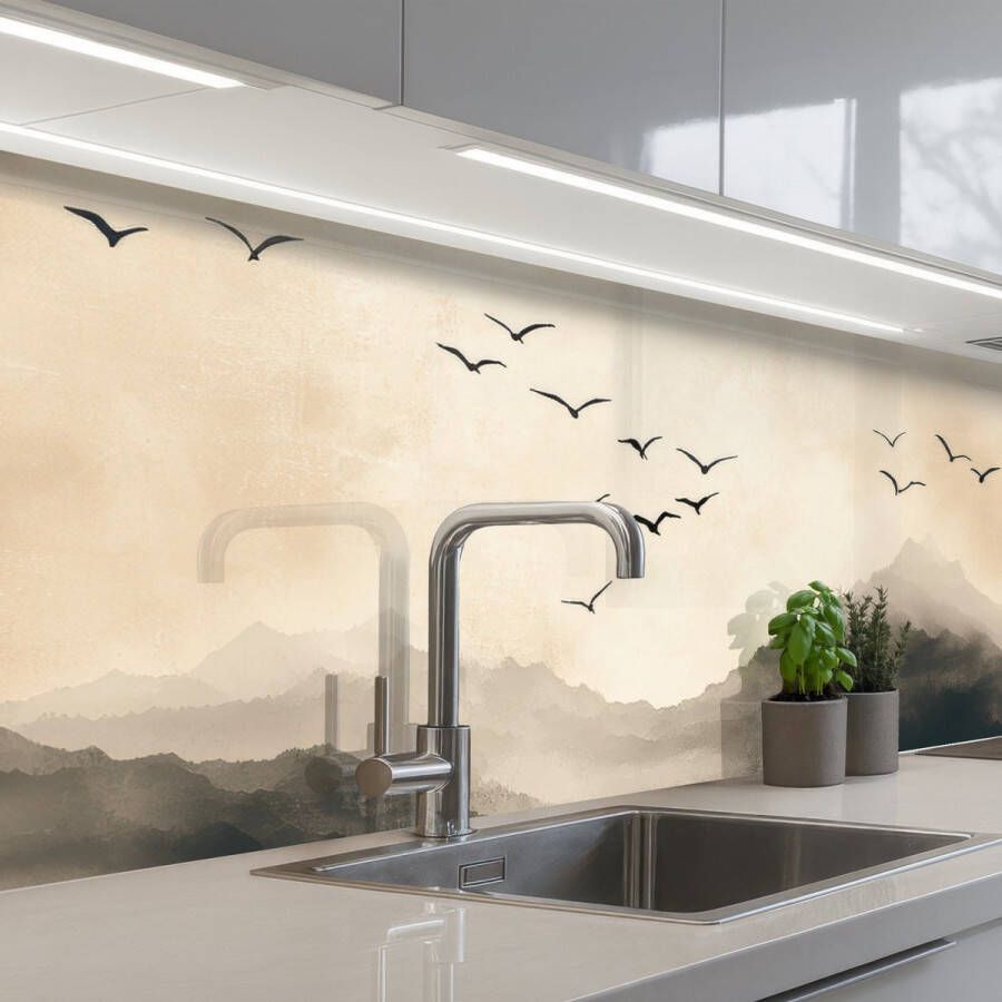 KitchenYeah Keuken achterwand 200x60 cm Spatscherm zelfklevend Landschap Japandi vogel Muurbeschermer Spatwand fornuis