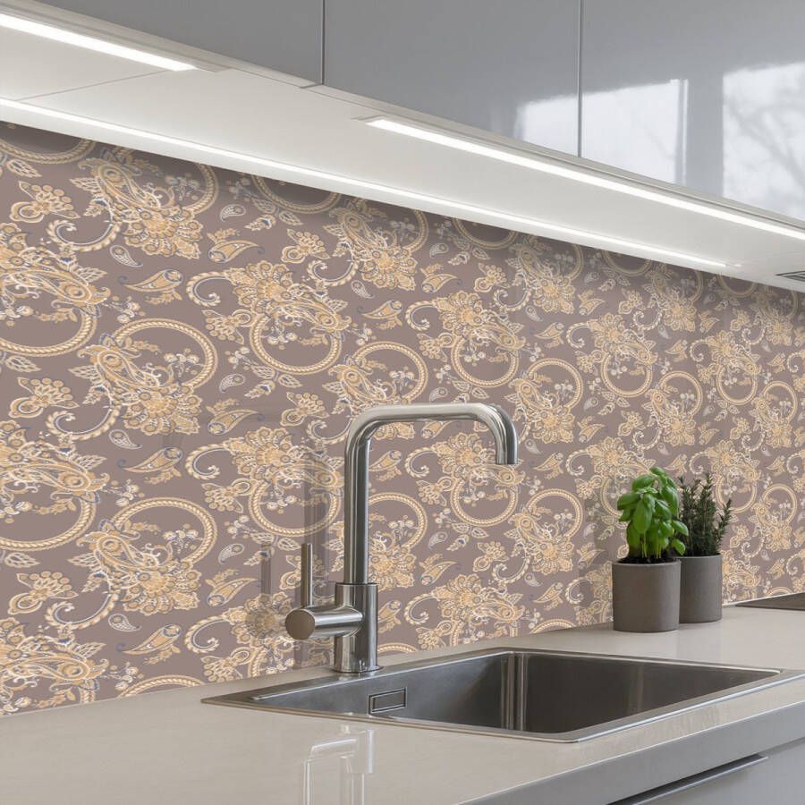 KitchenYeah Keuken achterwand 200x60 cm Spatscherm zelfklevend Oosters Bloemen Beige Grijs Muurbeschermer Spatwand fornuis