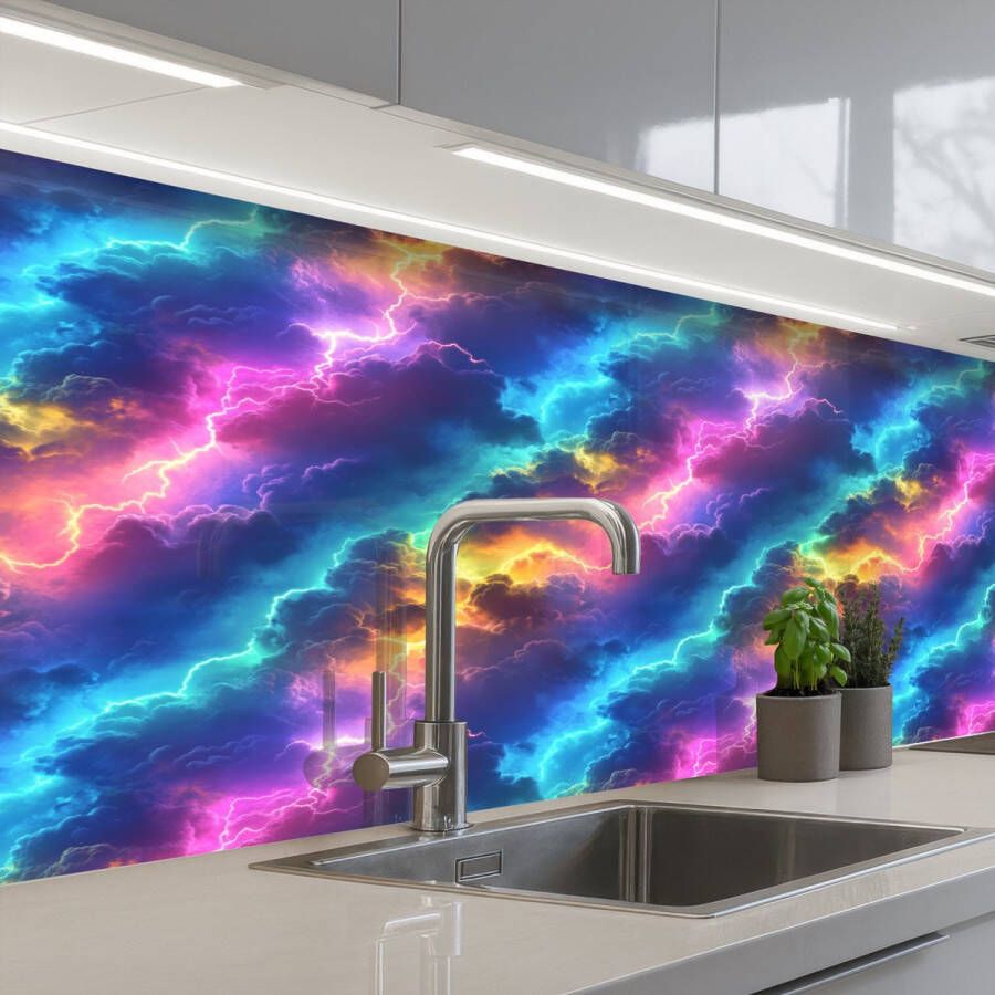 KitchenYeah Keuken achterwand 200x60 cm Spatscherm zelfklevend Storm Bliksem Regenboog Muurbeschermer Spatwand fornuis