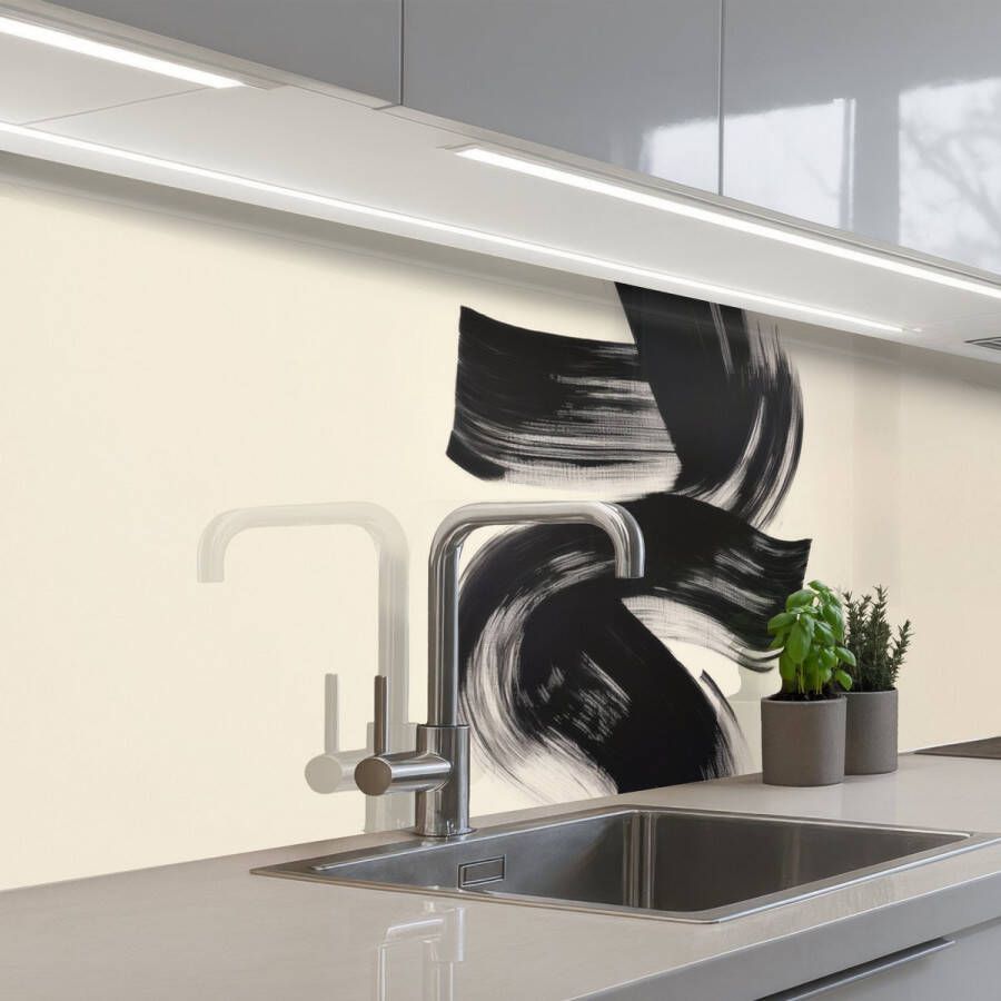 KitchenYeah Keuken achterwand 200x60 cm Spatscherm zelfklevend Strepen Zwart Abstract Muurbeschermer Spatwand fornuis