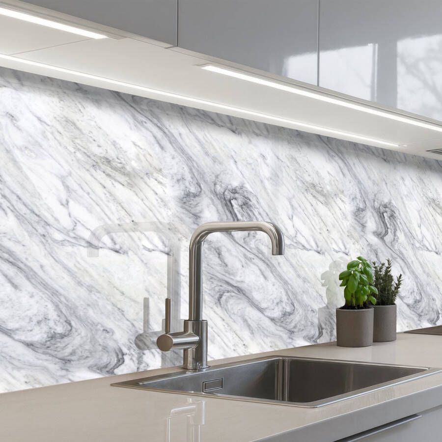 KitchenYeah Keuken achterwand 200x60 cm Spatscherm zelfklevend Wervelende Grijsstructuur Marmer print Wit Muurbeschermer Spatwand fornuis