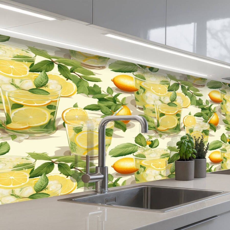 KitchenYeah Keuken achterwand 200x80 cm Spatscherm zelfklevend Citroen Drankje Glas Munt Muurbeschermer Spatwand fornuis