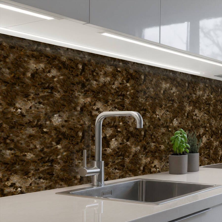 KitchenYeah Keuken achterwand 200x80 cm Spatscherm zelfklevend Donker Graniet print Bruin Muurbeschermer Spatwand fornuis