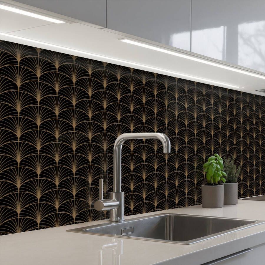 KitchenYeah Keuken achterwand 200x80 cm Spatscherm zelfklevend Gouden Waaiers Zwart Muurbeschermer Spatwand fornuis