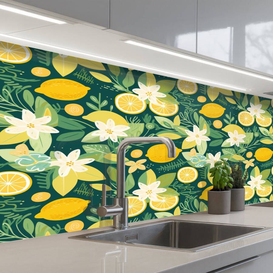 KitchenYeah Keuken achterwand 200x80 cm Spatscherm zelfklevend Groen Bloemen Citroenpartjes Muurbeschermer Spatwand fornuis