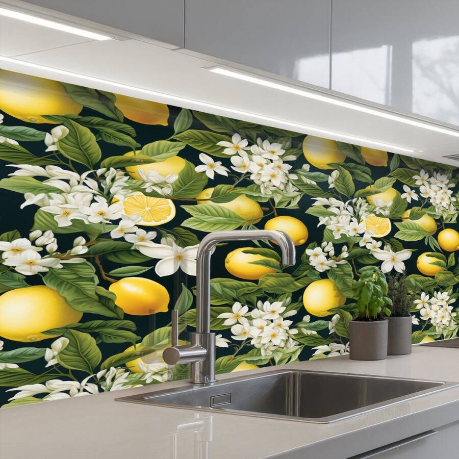 KitchenYeah Keuken achterwand 200x80 cm Spatscherm zelfklevend Hangende Citroenen Witte Bloemetjes Muurbeschermer Spatwand fornuis