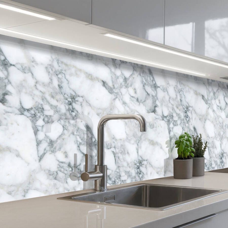 KitchenYeah Keuken achterwand 200x80 cm Spatscherm zelfklevend Mozaïek Marmer print Wit Onregelmatig Muurbeschermer Spatwand fornuis