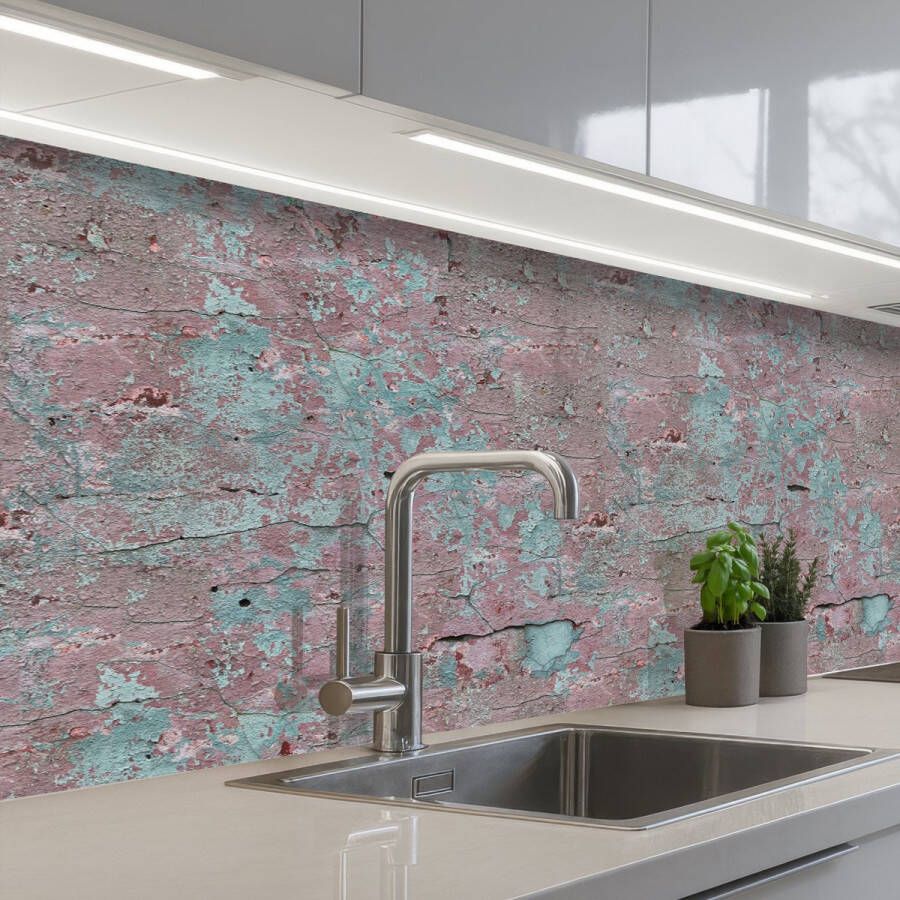 KitchenYeah Keuken achterwand 200x80 cm Spatscherm zelfklevend Verwering Pastelverf Roze Blauw Muurbeschermer Spatwand fornuis