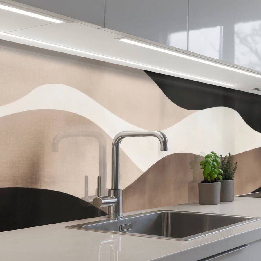 KitchenYeah Keuken achterwand 250x60 cm Spatscherm zelfklevend Abstract Landschap Golven Crèmekleur Muurbeschermer Spatwand fornuis