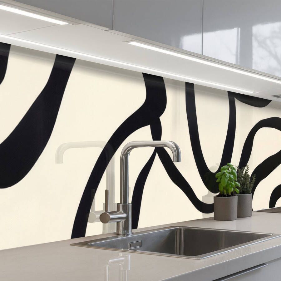 KitchenYeah Keuken achterwand 250x60 cm Spatscherm zelfklevend Abstract Lijnen Modern Beige Muurbeschermer Spatwand fornuis