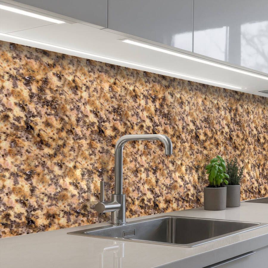 KitchenYeah Keuken achterwand 250x60 cm Spatscherm zelfklevend Bruin Roze Graniet print Muurbeschermer Spatwand fornuis