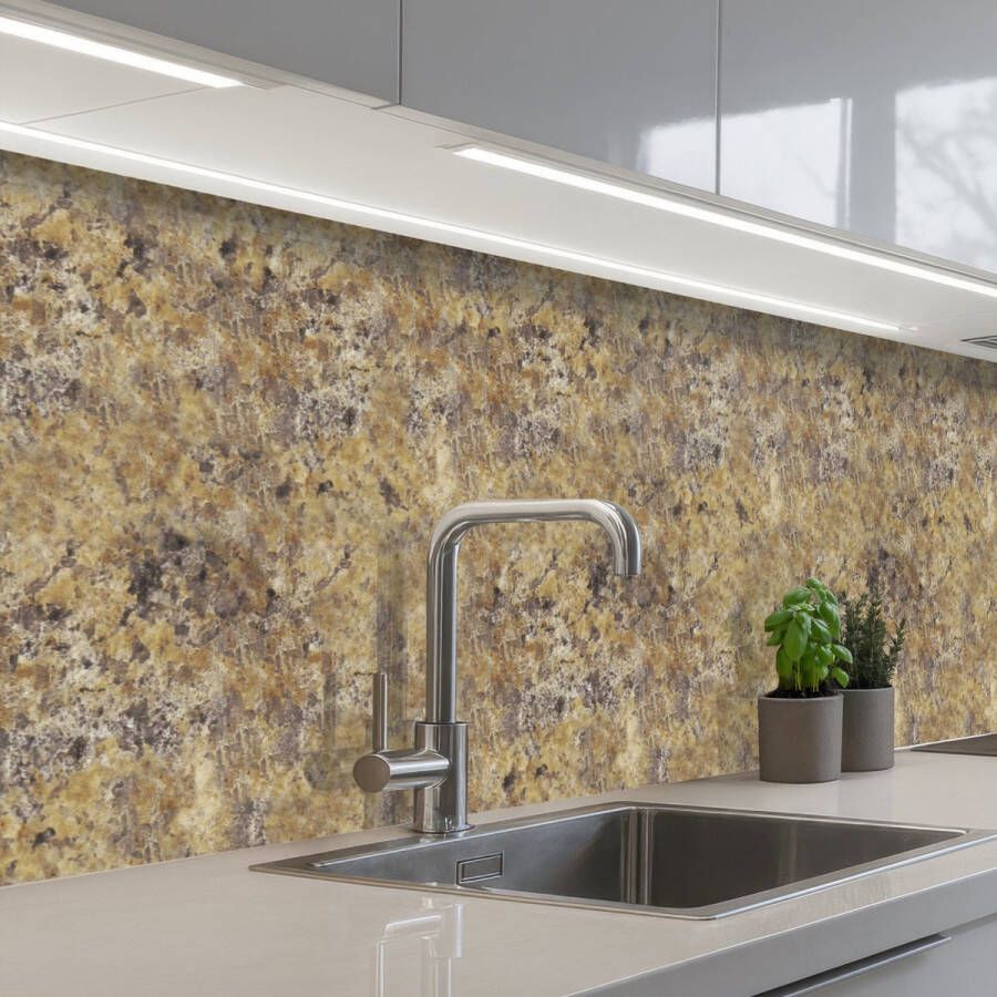 KitchenYeah Keuken achterwand 250x60 cm Spatscherm zelfklevend Bruin Wit Vlekken Graniet print Muurbeschermer Spatwand fornuis
