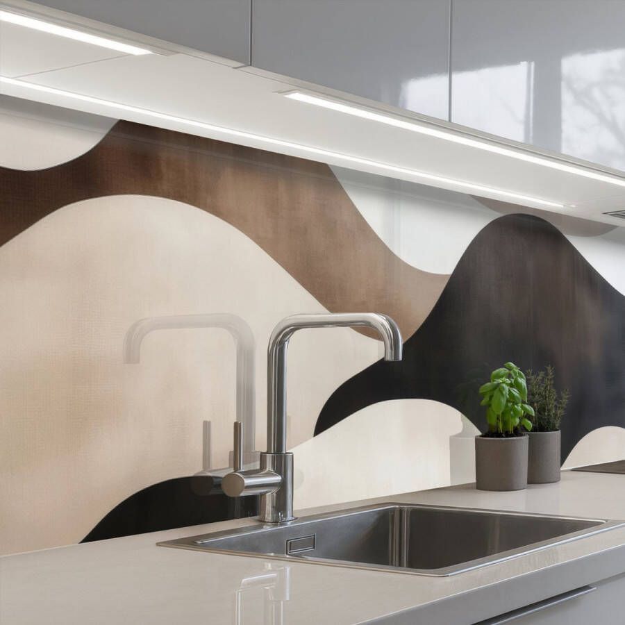 KitchenYeah Keuken achterwand 250x60 cm Spatscherm zelfklevend Golven Abstract Beige Muurbeschermer Spatwand fornuis