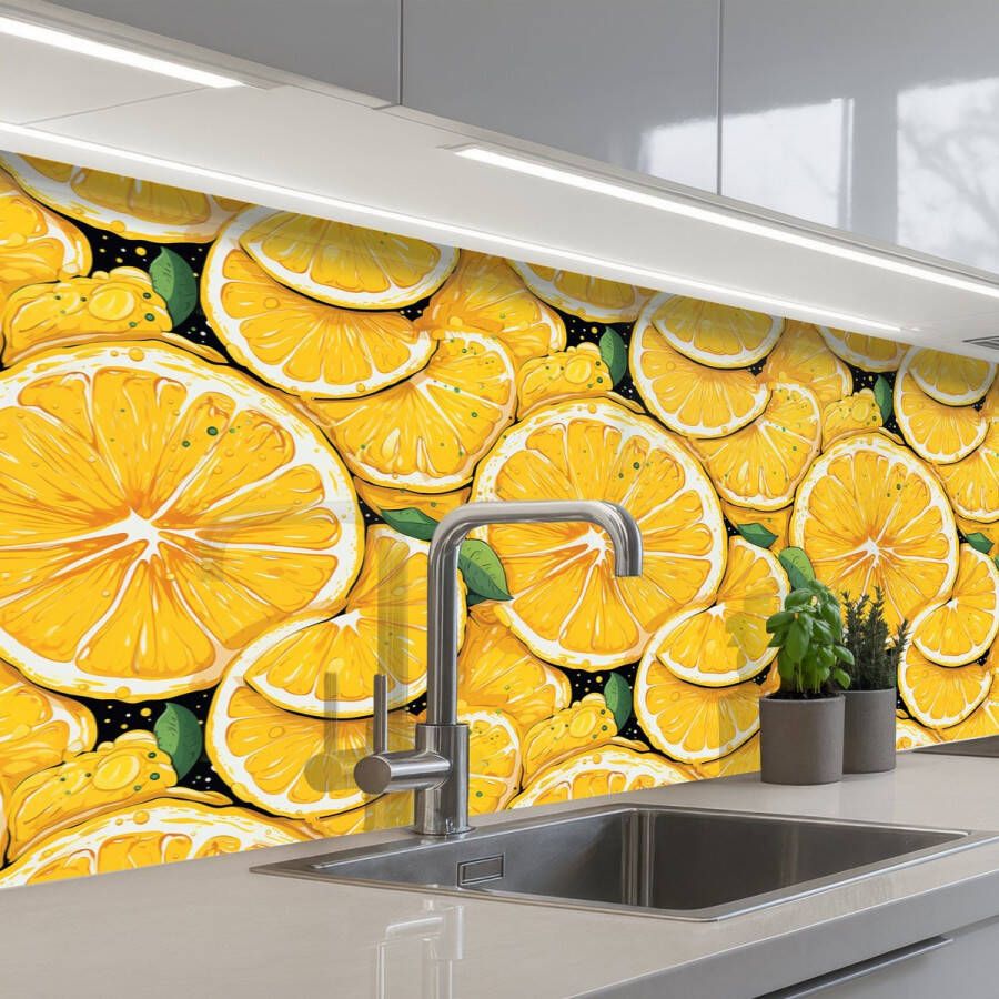 KitchenYeah Keuken achterwand 250x60 cm Spatscherm zelfklevend Grafisch Citroenschijven Blaadjes Muurbeschermer Spatwand fornuis