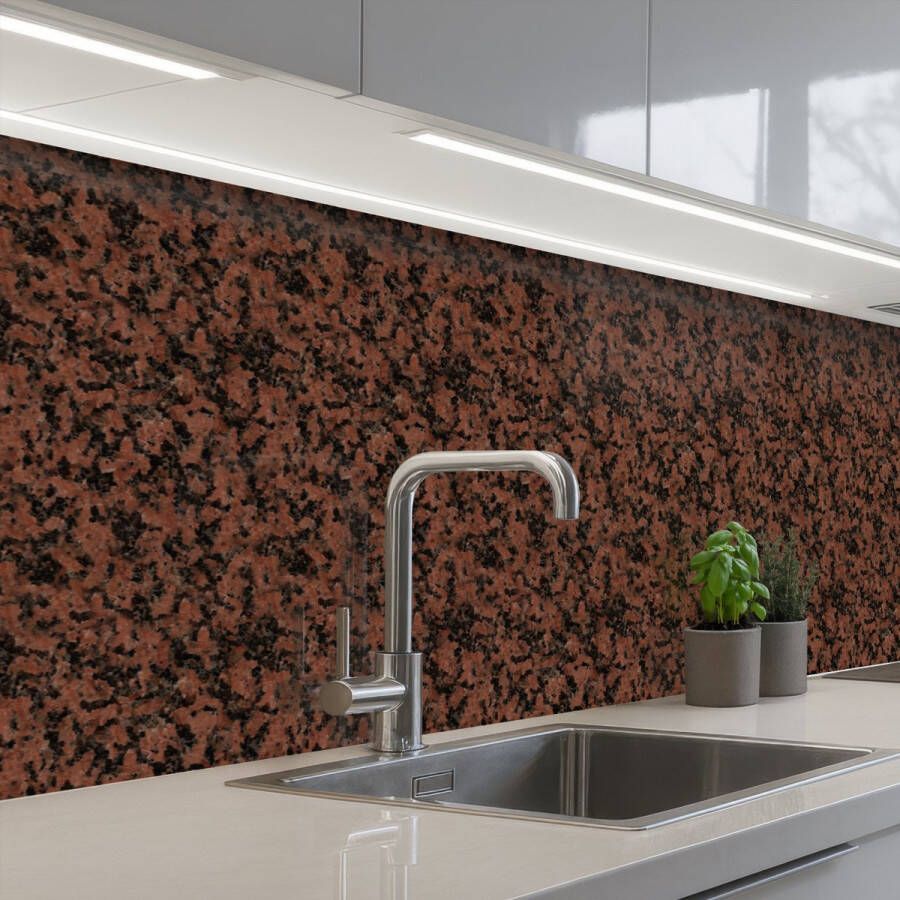 KitchenYeah Keuken achterwand 250x60 cm Spatscherm zelfklevend Graniet Rood Zwart Muurbeschermer Spatwand fornuis