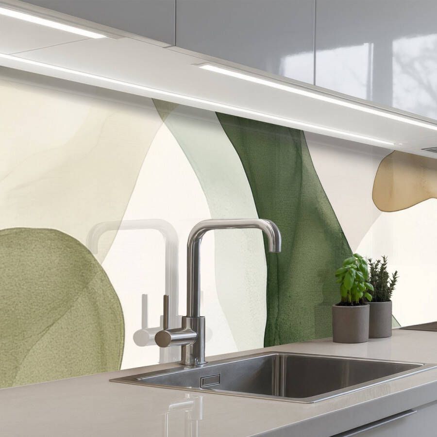 KitchenYeah Keuken achterwand 250x60 cm Spatscherm zelfklevend Japandi Abstract Groen Muurbeschermer Spatwand fornuis