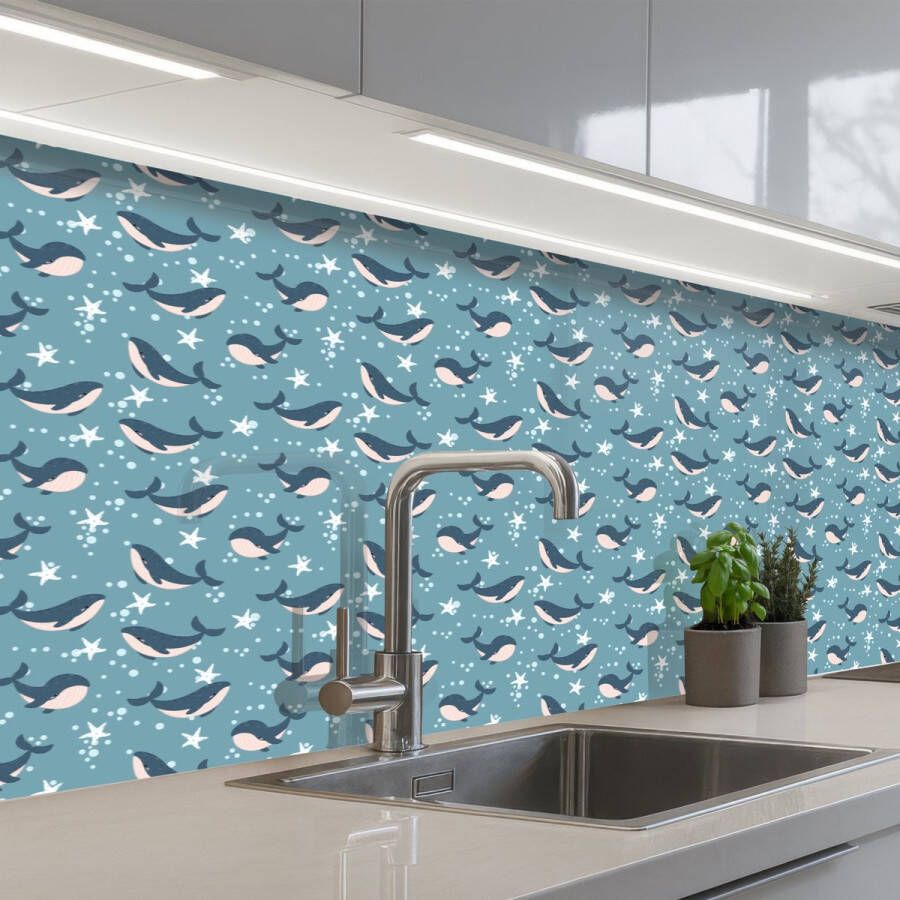 KitchenYeah Keuken achterwand 250x60 cm Spatscherm zelfklevend Klein Oceaan Walvis Zeester Muurbeschermer Spatwand fornuis