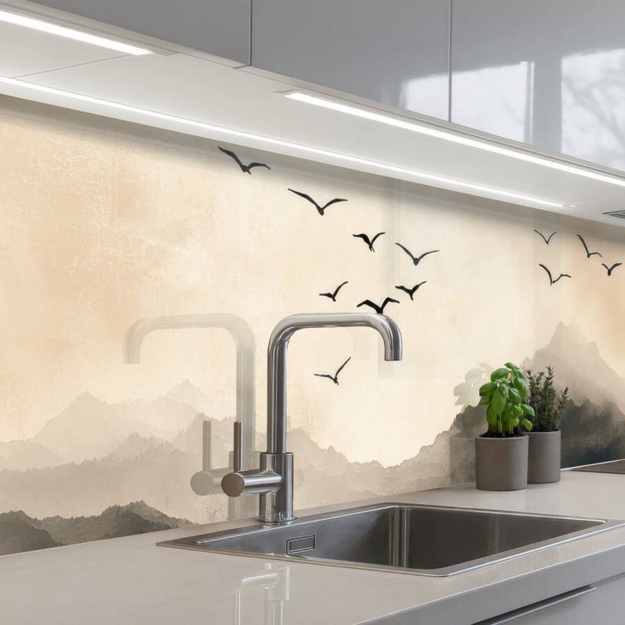 KitchenYeah Keuken achterwand 250x60 cm Spatscherm zelfklevend Landschap Japandi vogel Muurbeschermer Spatwand fornuis