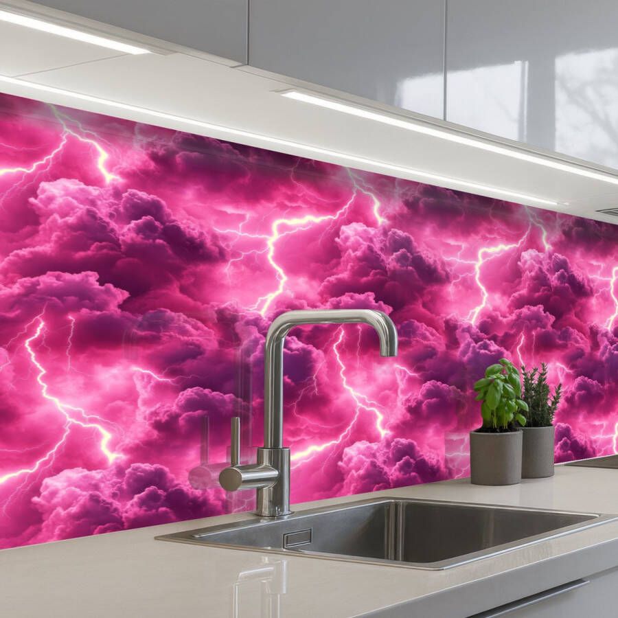 KitchenYeah Keuken achterwand 250x60 cm Spatscherm zelfklevend Roze Onweer Wolken Muurbeschermer Spatwand fornuis